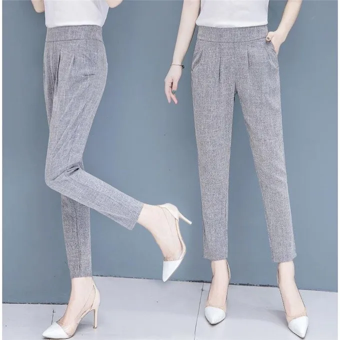Summer 2019 Office Women Grey Black Ankle Length Linen Harem Pants Female Woman Korea Style Elastic High Waisted 3xl Trousers | Женская
