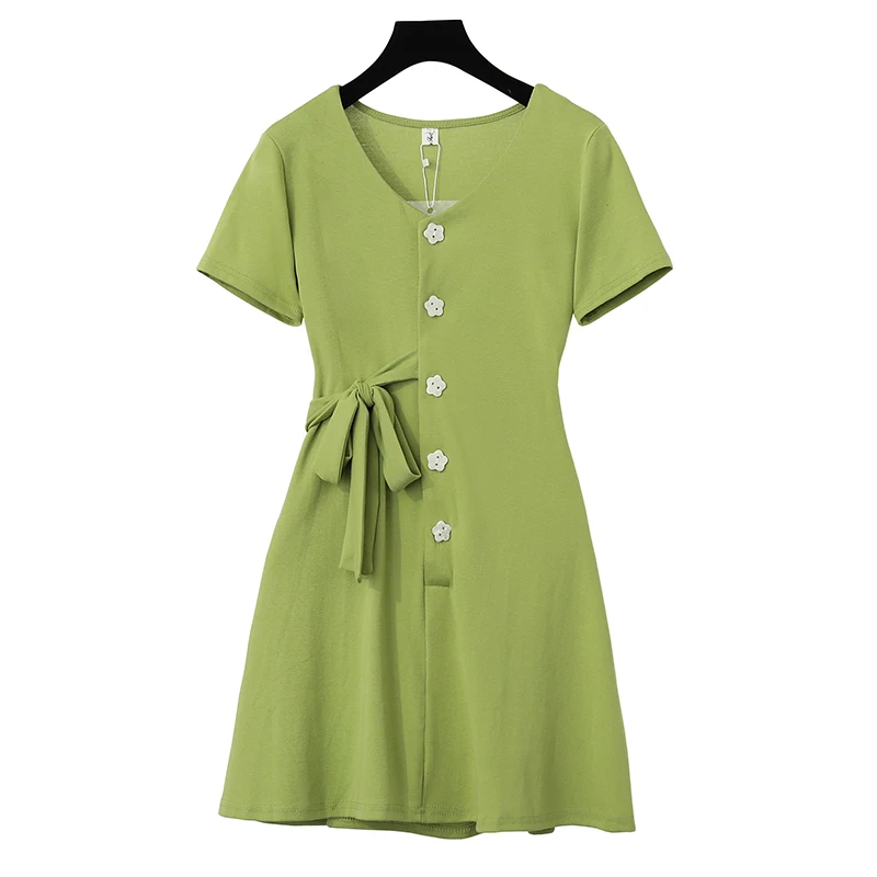 

Summer New Large Size Women's Dress With Fat Mmv Collar And Avocado Green Bow Tie Dress