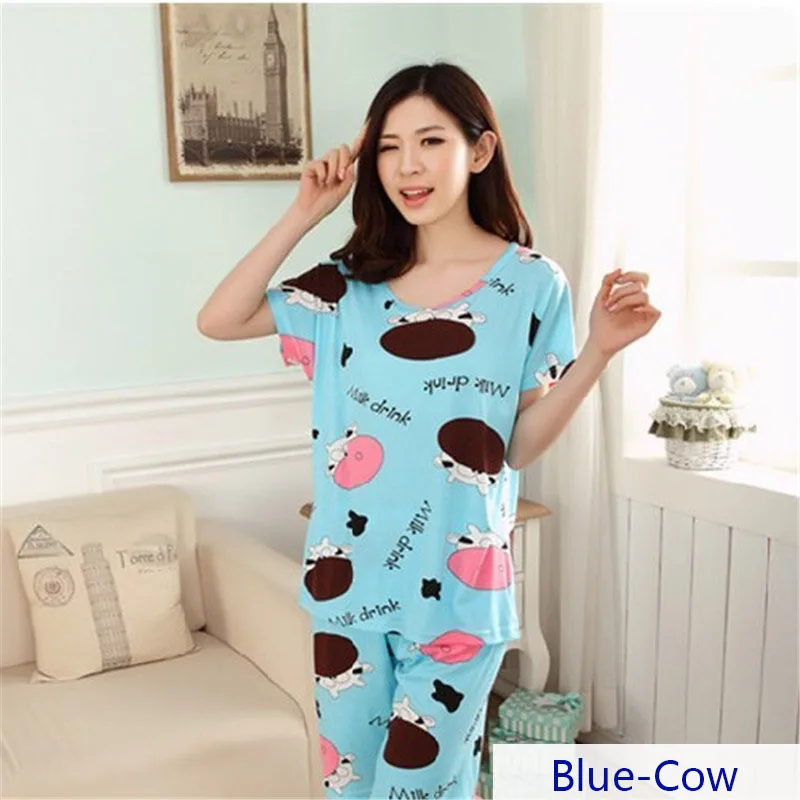 blue cow YINSILAIBEI, милый пижамный комплект с животными, с шортами, для женщин, одежда для сна, Женская домашняя одежда размера плюс, женская ночная одежда#40 - Цвет: blue cow