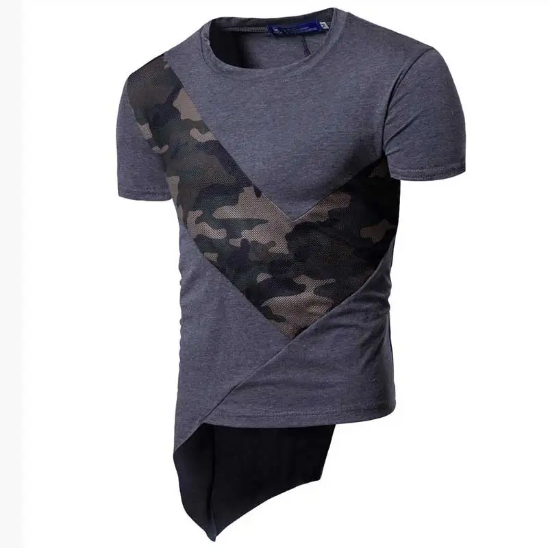 Камуфляж печати Футболки Для мужчин летние кососрезанная нижний Camisas с круглым