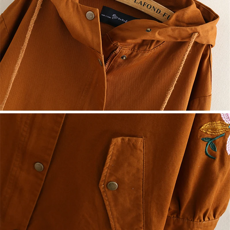 Женский Осенний длинный Тренч свободная ветровка с капюшоном и вышивкой