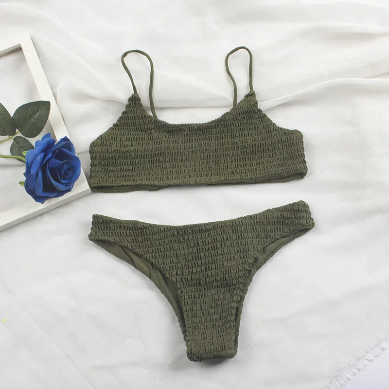 green Сексуальные Плиссированные бикини mujer, женский купальник, женский купальник, Женский бразильский комплект бикини, пляжная одежда, купальный костюм с высоким вырезом 313 - Цвет: green