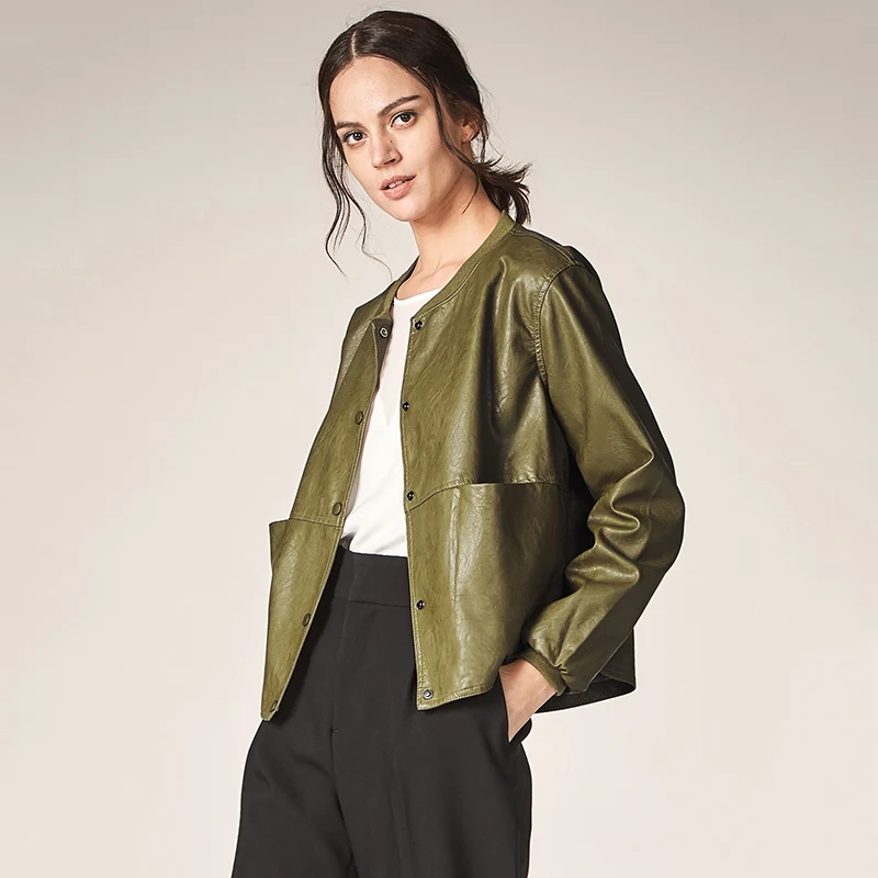 Женская кожаная куртка бомбер на пуговицах с длинным рукавом|jacket women casual|fashion jacket