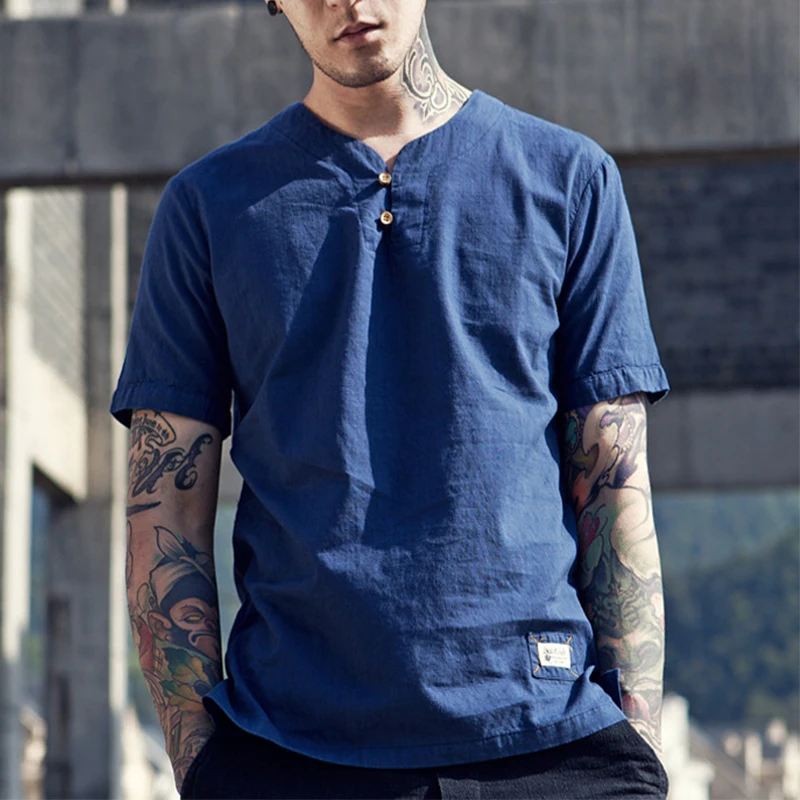 Мужская футболка с коротким рукавом IEMUH хлопковая льняная треугольным