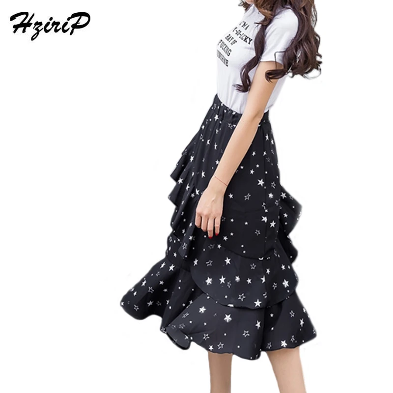 Hzirip женщины нерегулярные оборками отпечатано шифон эластичный пояс черный