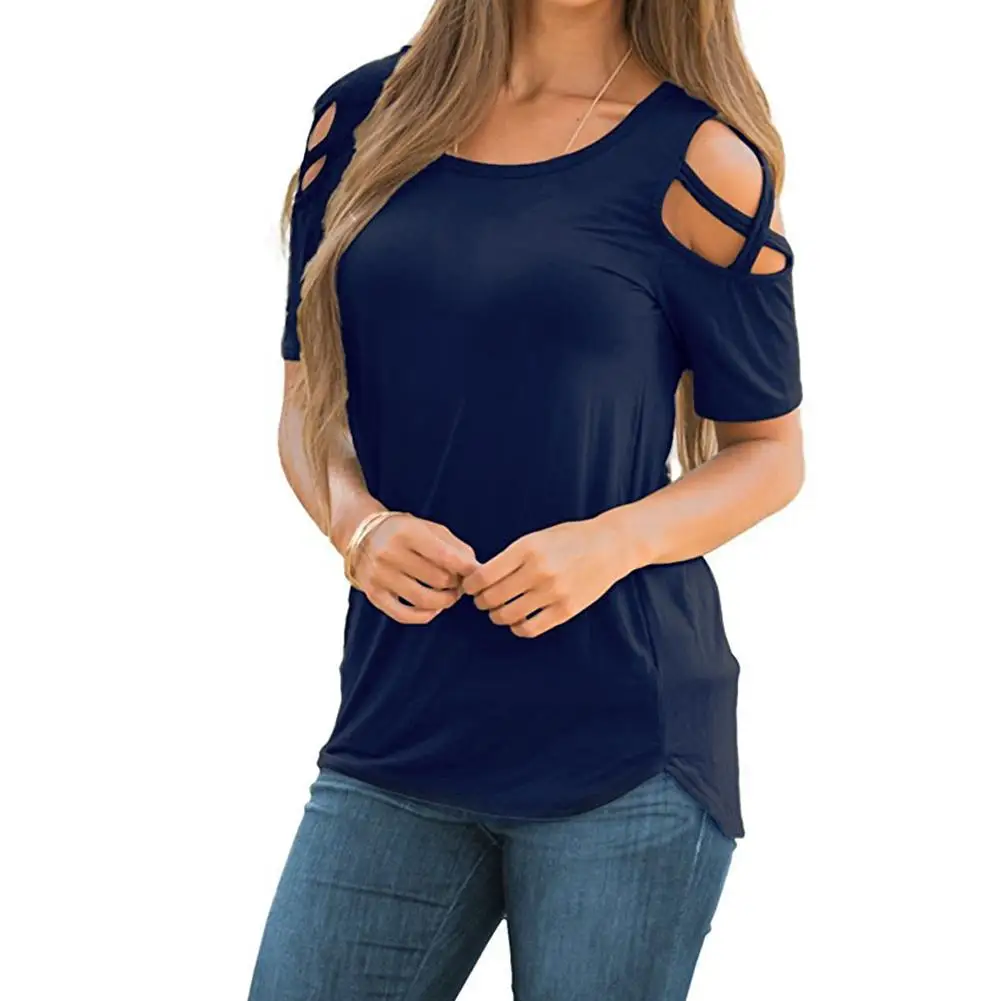 New Style Women Round Neck Off Shoulder Top T-Shirt Solid Color Short Sleeve T-shirt Female Vestido | Женская одежда