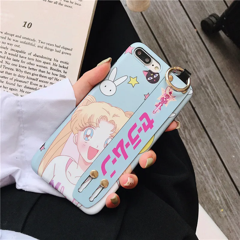 Sailor Moon Wrist Strap 6 s case phone for iphone 7 8 6s plus fundas xs max xr scrub silicon soft girls wristband holder cover |