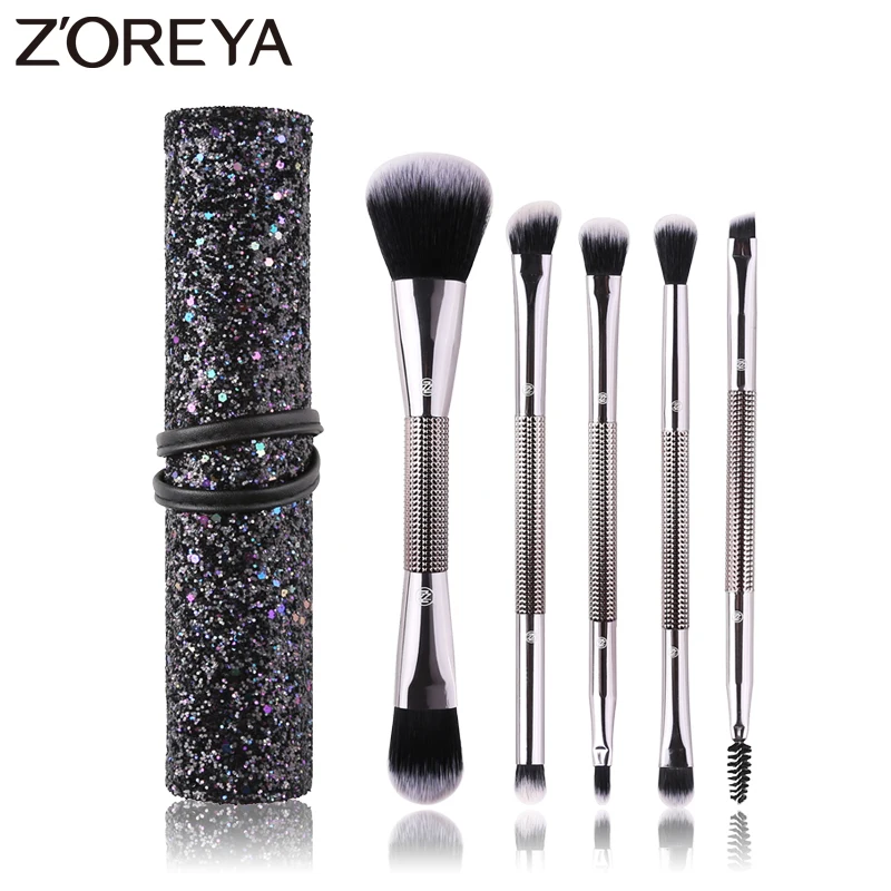 ZOREYA 5 шт. набор кистей для макияжа с двойной головкой, специальная синяя посылка, черная алюминиевая ручка, косметический инструмент для макияжа лица