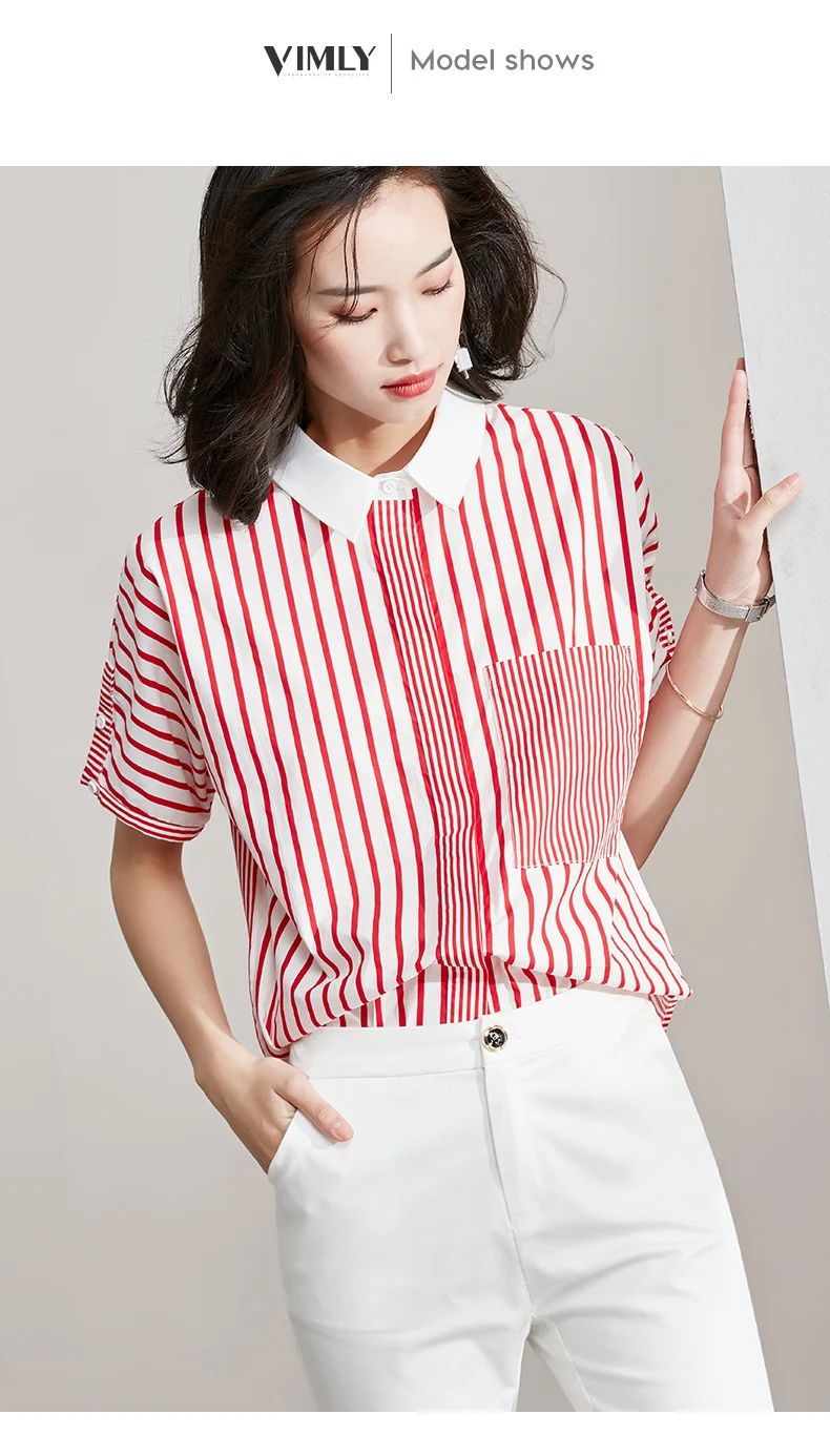 Vimly Women Striped Blouse Shirt Casual Summer Red Blouse Shirts Cotton Office Tops Street Wear High Street Style Button Pocket