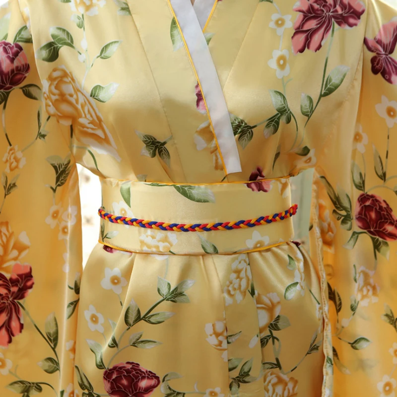

Kimono With Obi New Arrival Yellow Japanese Style Lady Kimono Sexy Women Yukata Vintage Evening Party Dress One Size 101503