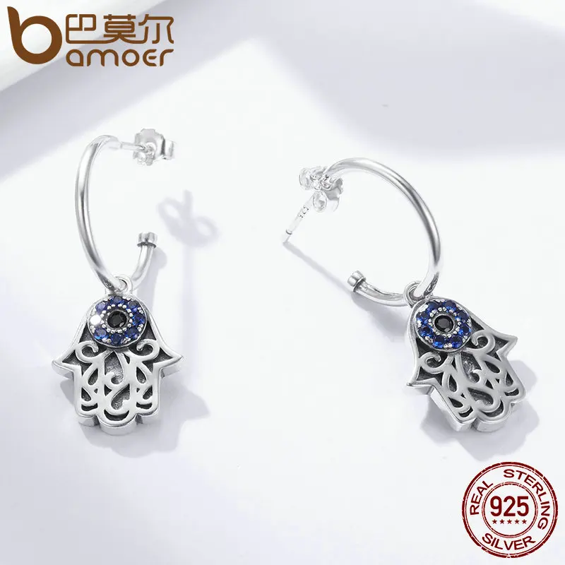 BAMOER,, 925 пробы, серебро, Лаки, Хамса, рука, круглые серьги-кольца для женщин, модные ювелирные изделия из стерлингового серебра SCE244