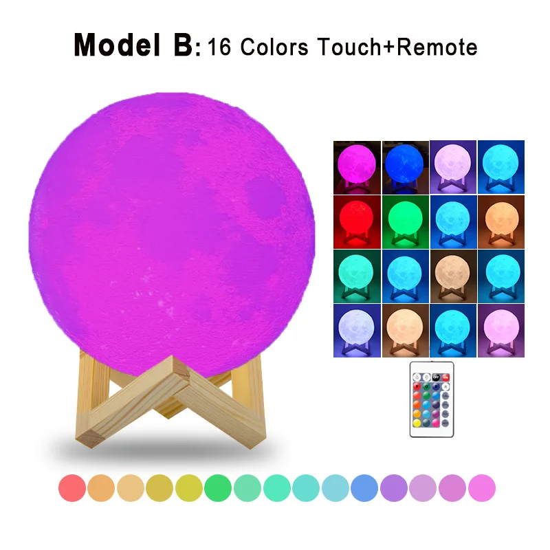 16 Colors Новинка, Прямая поставка, 3D принт, Лунная лампа, 24 см, 20 см, 15 см, цветной сменный сенсорный USB светодиодный Ночной светильник, домашний декор, креативный подарок - Испускаемый цвет: 16 Colors