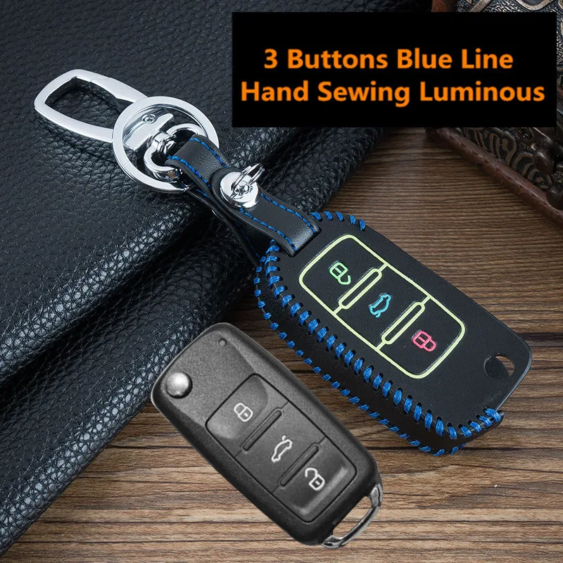 Светящийся кожаный чехол для автомобильного ключа брелка с 3 кнопками VW Volkswagen Jetta