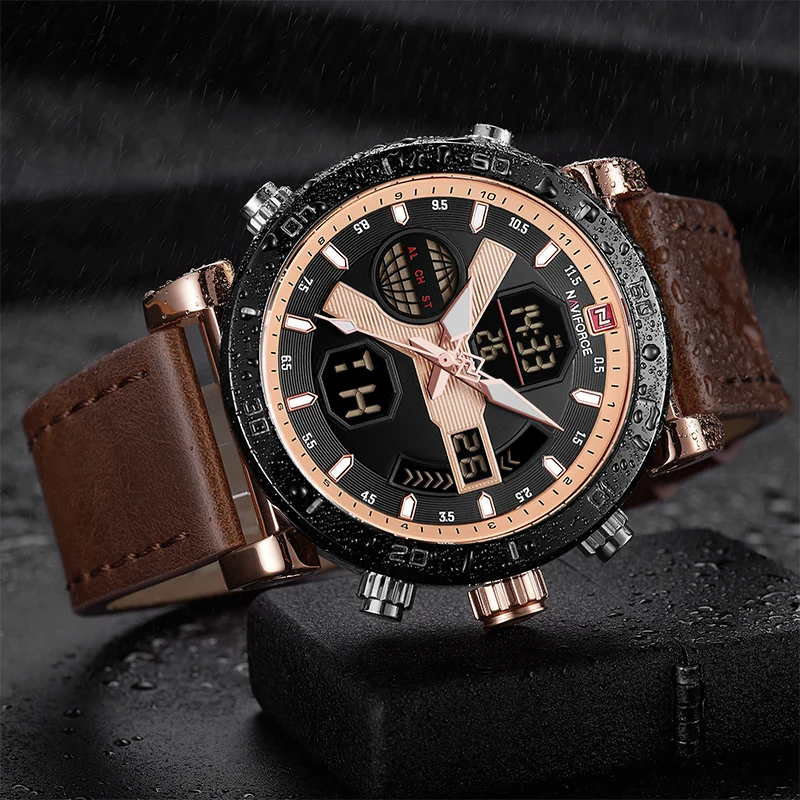 Часы NAVIFORCE аналоговые цифровые спортивные водонепроницаемые кожаные армейские