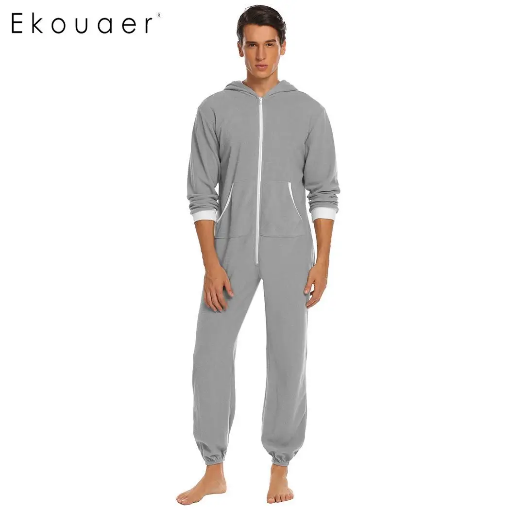 Ekouaer мужской пижамный комплект флисовая Пижама с капюшоном и длинным рукавом на