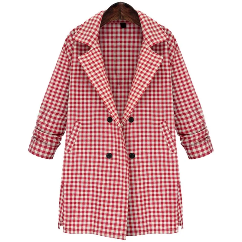 С длинным рукавом Женская пиджаки работа костюмы Белый Plaid Button Blazer офис форма