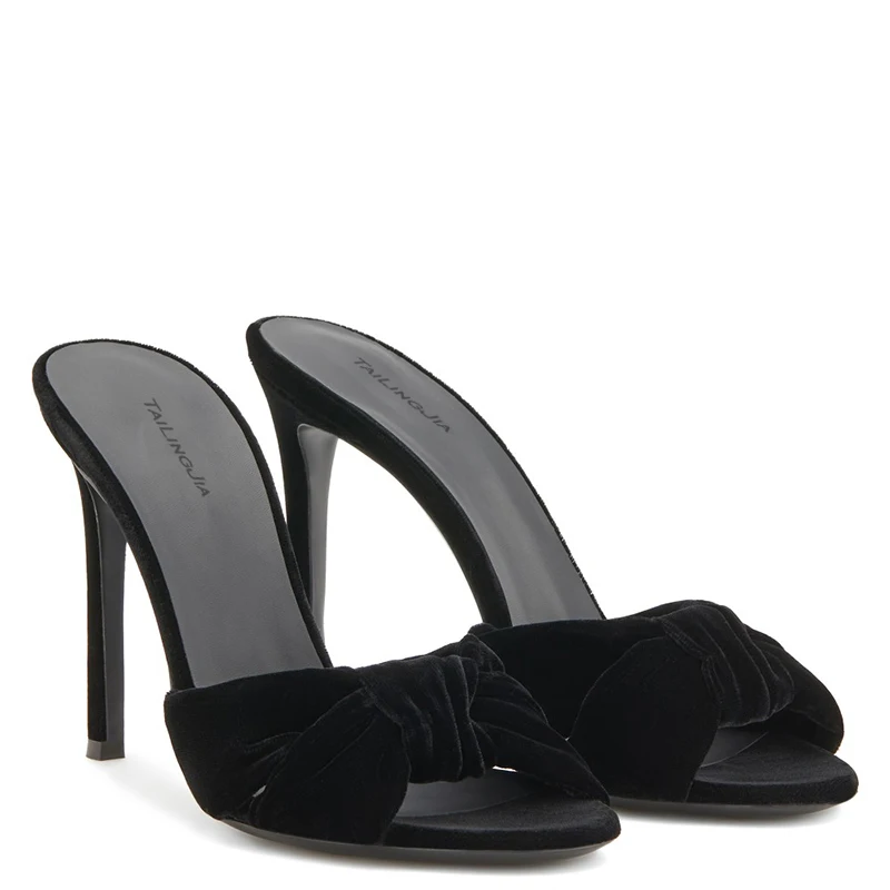 Черные бархатные женские босоножки на высоком каблуке с завязками; Красные босоножки на высоком каблуке с открытым носком; женские летние туфли без задника на шпильке