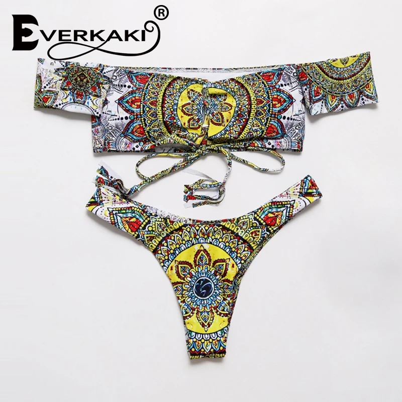 Everkaki, сексуальный Бразильский бикини, купальник для женщин, женский купальник с открытыми плечами, бикини для женщин, бандо, бикини, купальник для пляжа