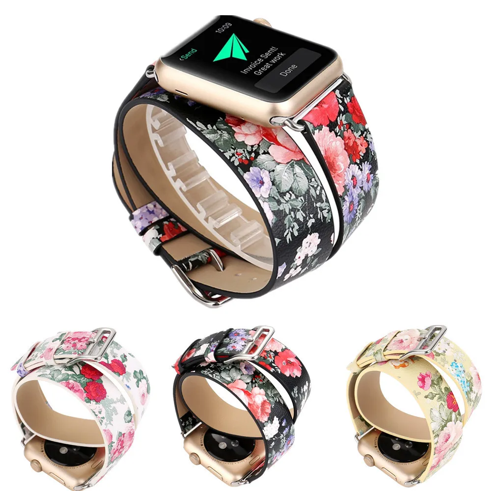 2018 новые чернила цветок двойная петля натуральная кожа ремешок для часов Apple Watch
