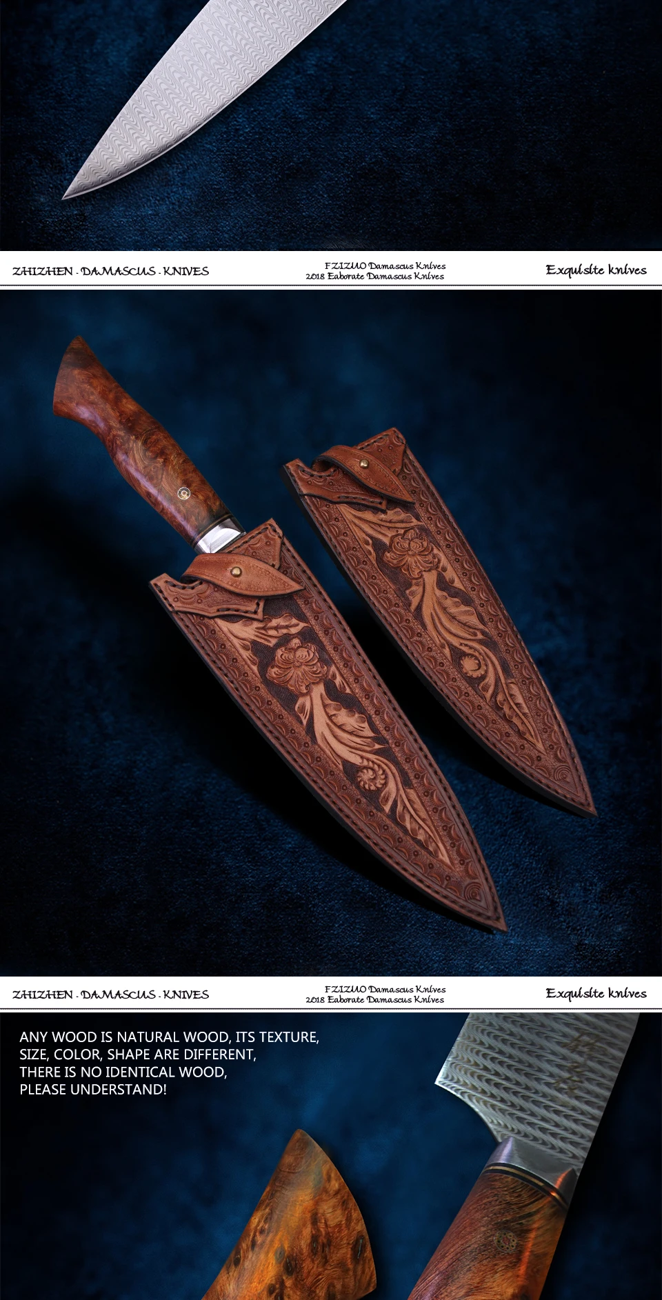 FZIZUO 7 дюймов дамасский нож шеф-повара японские ножи Gyuto Профессиональные кухонные инструменты для приготовления пищи ручной работы резные кожаные узлы 60HRC