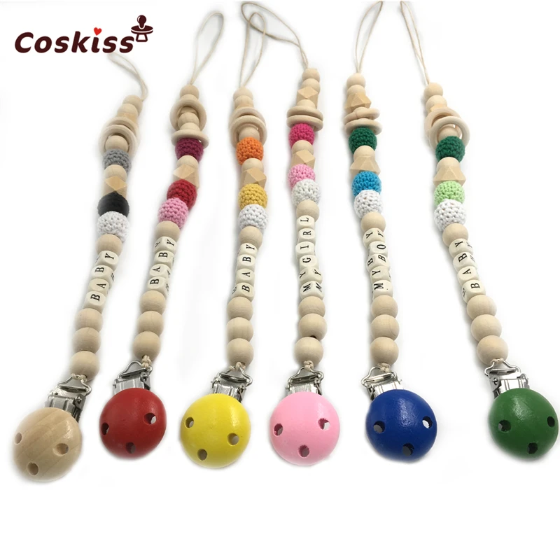 

Baby Pacifier Clips Wooden Letter Beads Baby Teether Clip Safe Natural Eco-friendly Wooden Teether Crochet Bead DIY Baby Teether