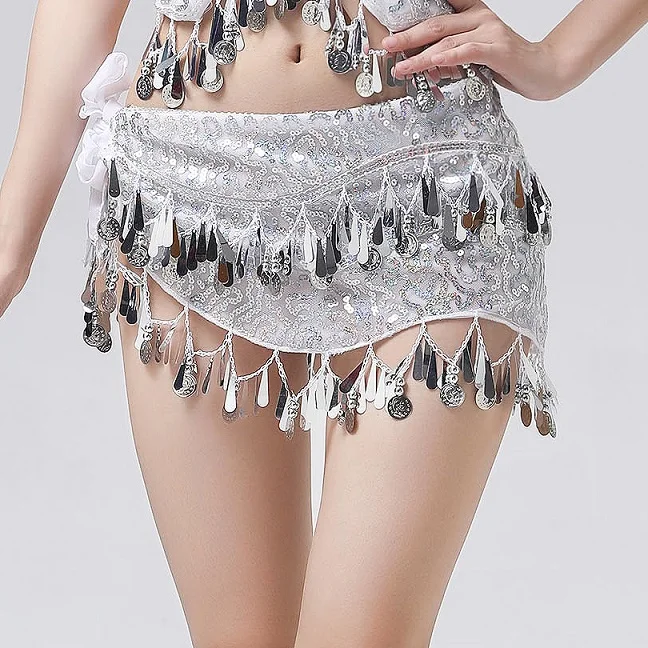 White Silver Костюм для танца живота, шарф на бедрах, вечерние топы с пайетками и золотыми монетами, юбка для танцев, пояс для танца живота, шифоновый шарф на бедрах - Цвет: White Silver