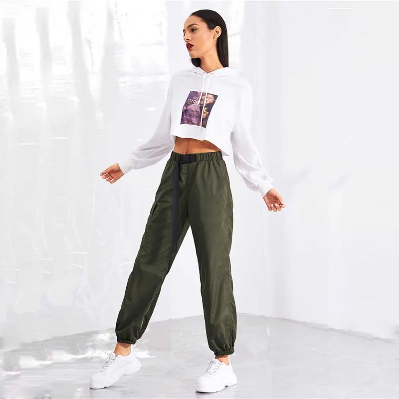 SweatyRocks армейские зеленые повседневные штаны с карманами и боковой шнуровкой на талии, зауженные брюки с эластичной талией, осенние женские повседневные штаны