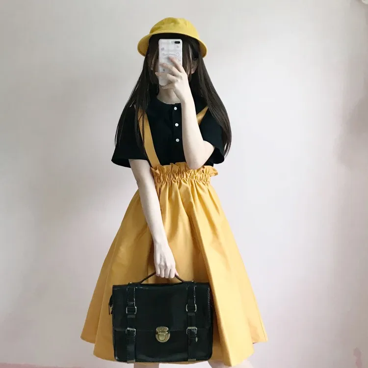 

Preppy Style Girl's 2pcs Women's Set Linen Cotton Summer Short Sleeve Shirt & Long Suspender Skirt Big Hem