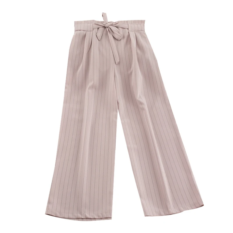 Striped Wide Leg Long Pants Women Sweet Elegant High Waist With Sashes Chiffon Trouser Female Fashion Office Wear Bottoms | Женская