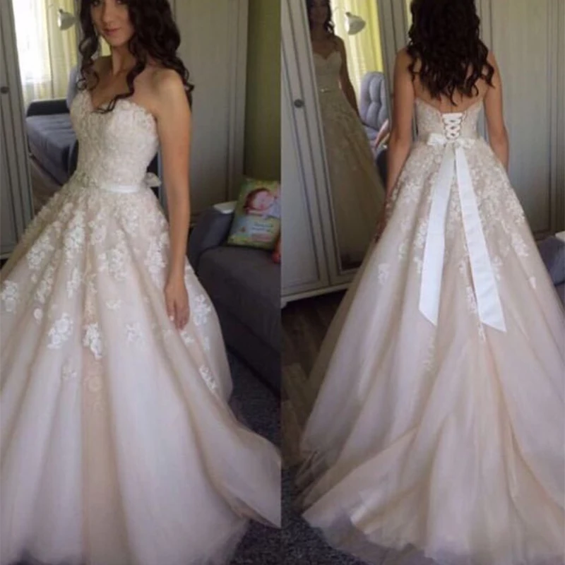

Elegant A-line Wedding Dresses Sweetheart Neckline Appliques Beading Vestido De Novia Detachable Diamonds Sash Bridal Gowns