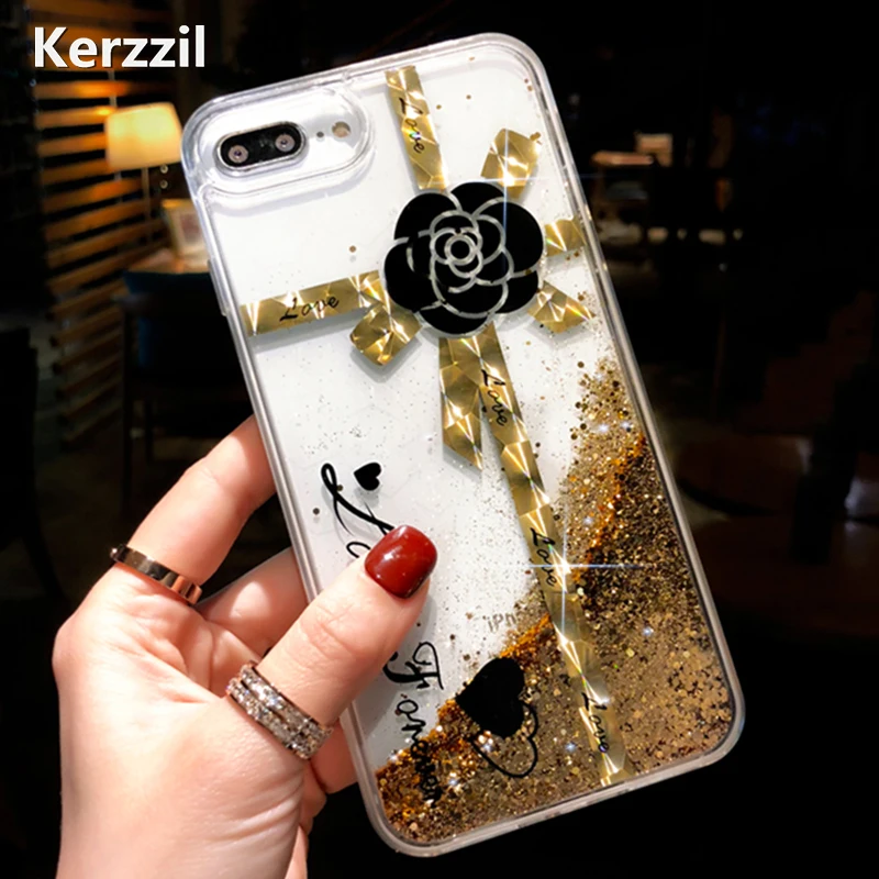 Kerzzil роскошный золотой блестящий зыбучий песок чехол для iPhone X 10 цветок Мягкий