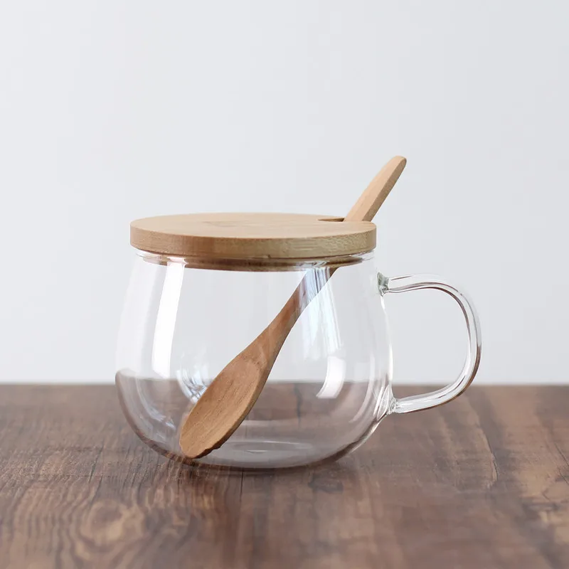 300ml flower cups transparent flowers cup glass coffee creative bamboo covered with a spoon heat-resistant | Дом и сад