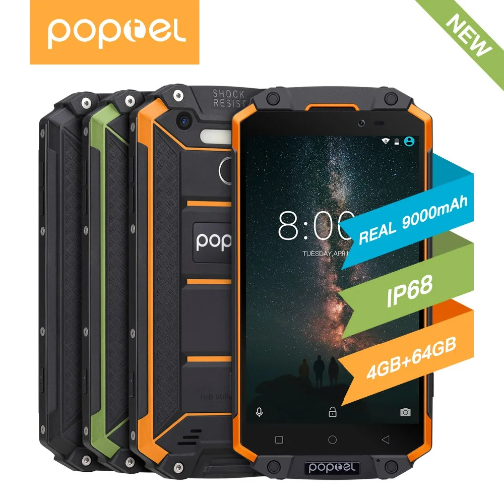POPTEL P9000 Max 9000 мАч IP68 wateproof 5 &quotмобильный телефон FHD Android 7 0 mtk6750 восемь ядер 4 ГБ 64 13MP NFC