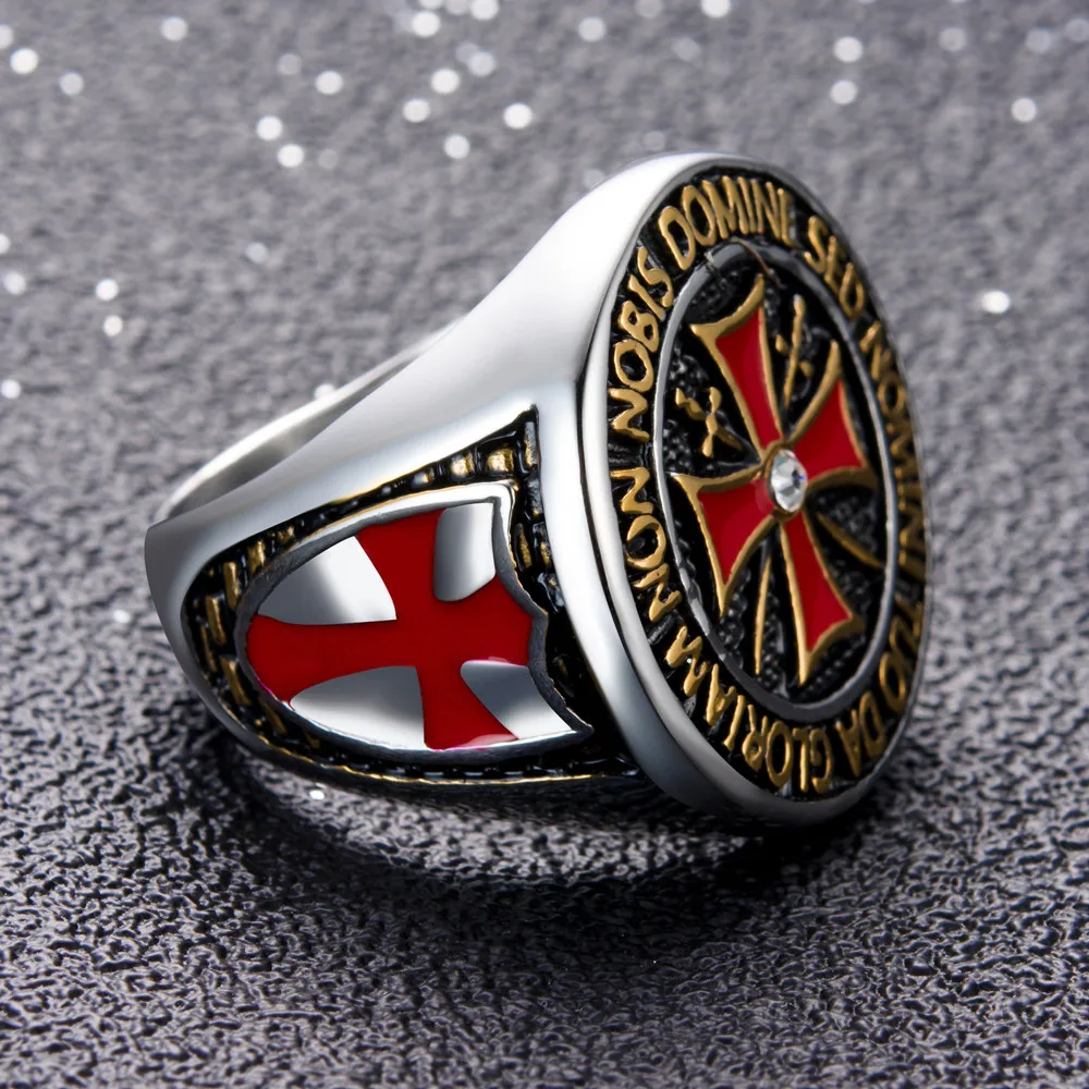 Мужское кольцо из нержавеющей стали с красным крестом и фианитом|templar cross ring|cross