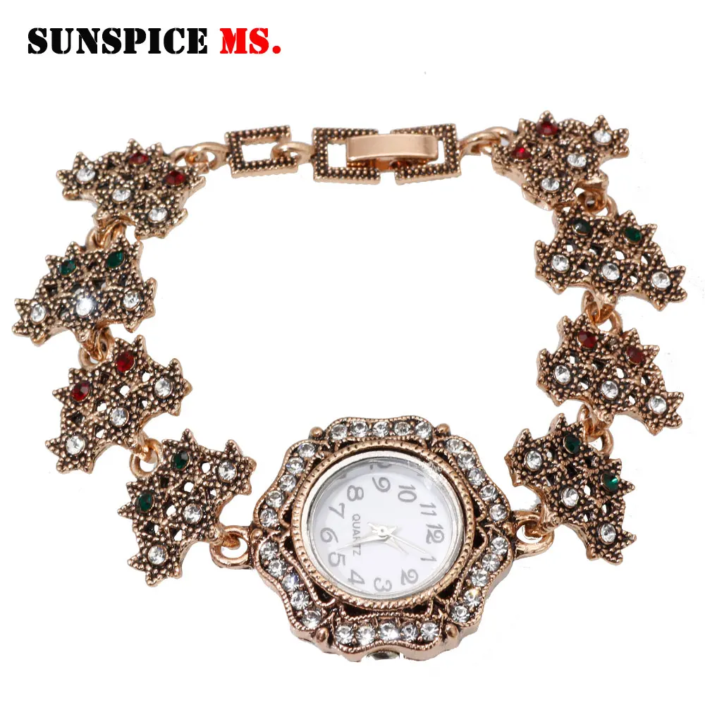 SUNSPICE MS Новый Ретро Браслет золотого цвета с кристаллами наручные часы для женщин