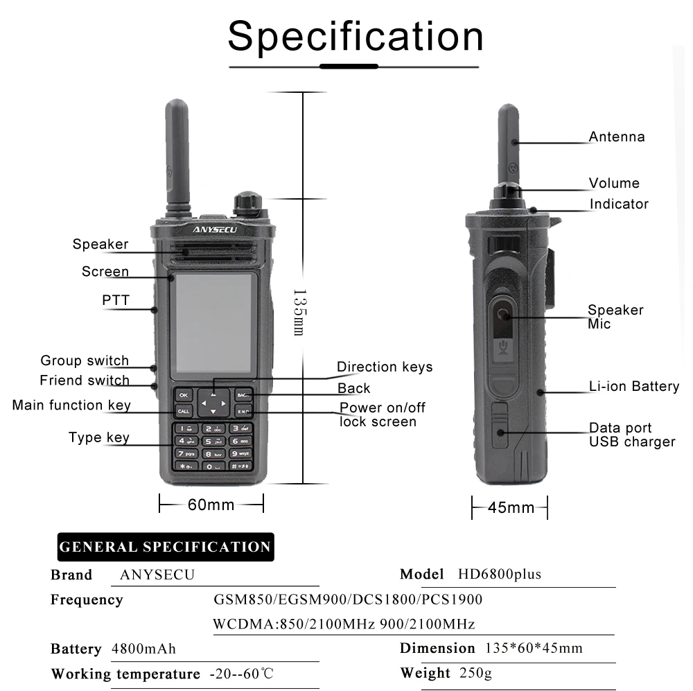 ANYSECU 3g сеть радио 3g-hd6800 с wifi walkie talkie WCDMA GSM 3g радио работает с Zello Real-ptt платформой