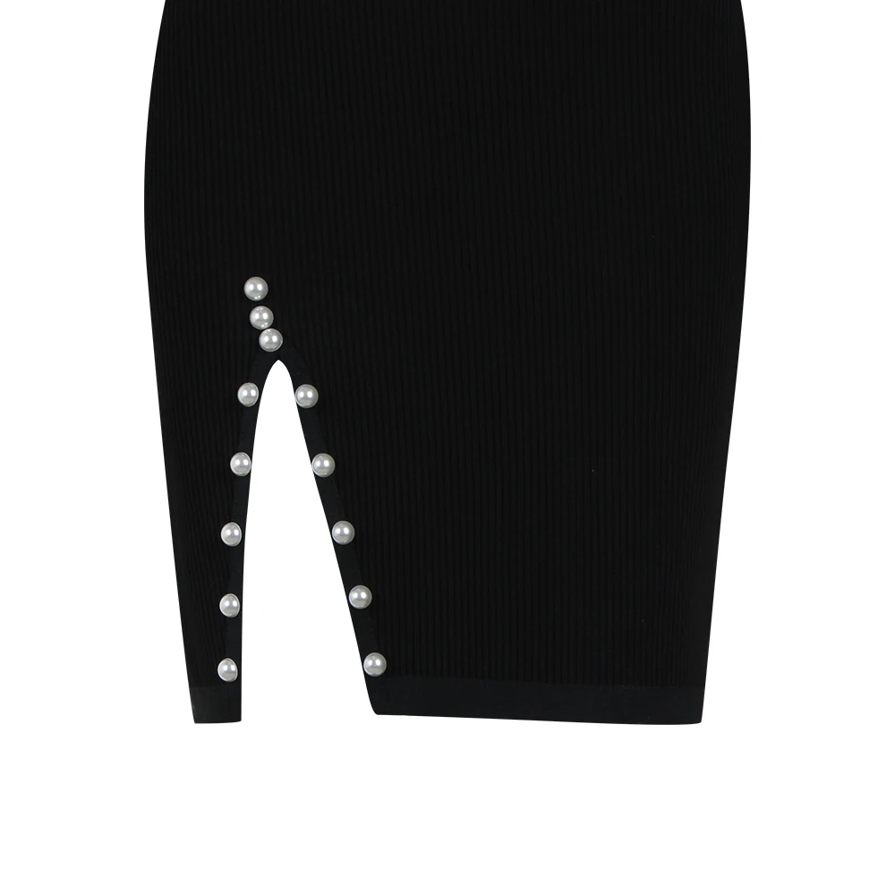 

KLEEZY Factory Outlet Bandage Dress Black Beading Knitted Slit Long Sleeve Mini Bodycon Party Dresses Women Evening HL4167