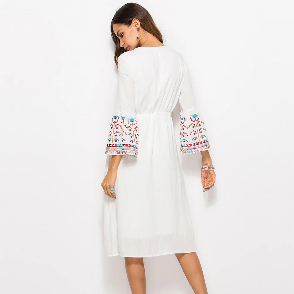 Vmay чешские вышивка миди платья Наручные v образным вырезом Высокая Талия