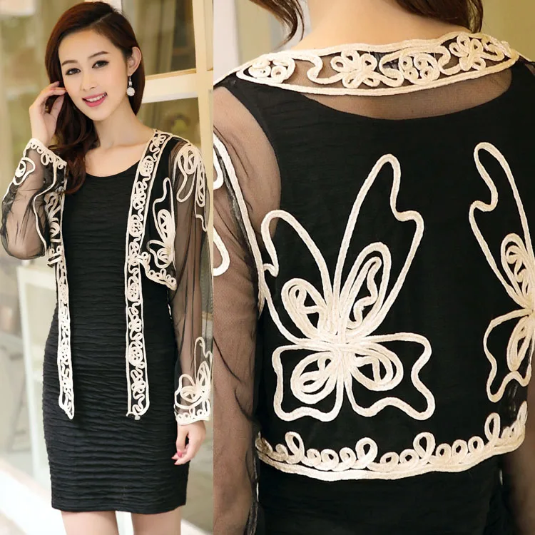 Шаль Женская Кружевная летняя короткая с цветочной вышивкой и длинным рукавом |