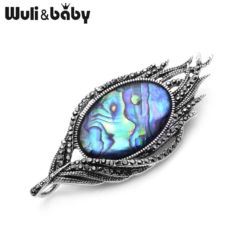 Wuli&Baby Natural Abalone Feather Brooches For Women Alloy Metal Big Piece of Shell Brooch Pins Vintage Jewelry Accessories
