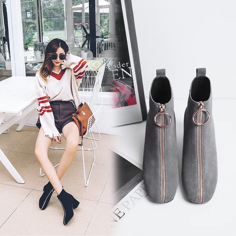 Women ankle Boots Cow suede 22-25.5 cm length autumn and winter Square toe front zipper ladies boots female+shoes women booties
