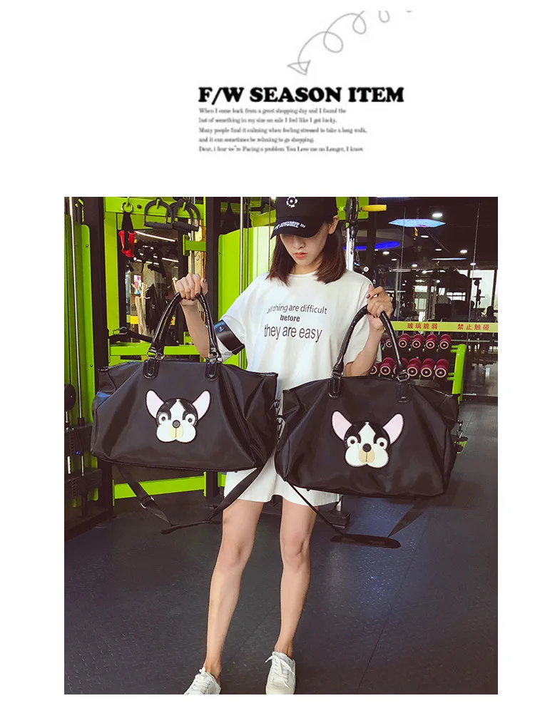 Fashion Casual PU Leather Travel Bags Black Couple Cartoon Dog Embroidery Overnight Weekend Bag Short Trip GYM Big Hand Luggage