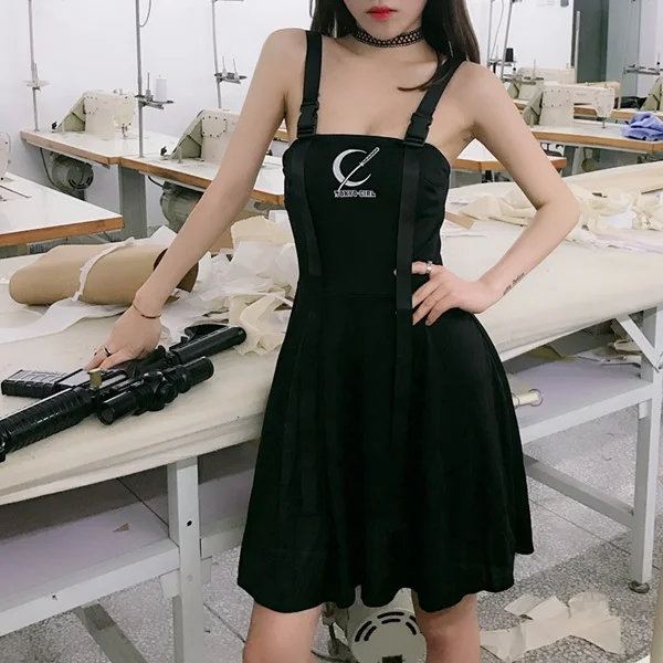 Summer Women Black Dress Vintage Sexy Punk Sleeveless Dark Gothic Backless Embroidery Moon Dresses for Girl | Женская одежда