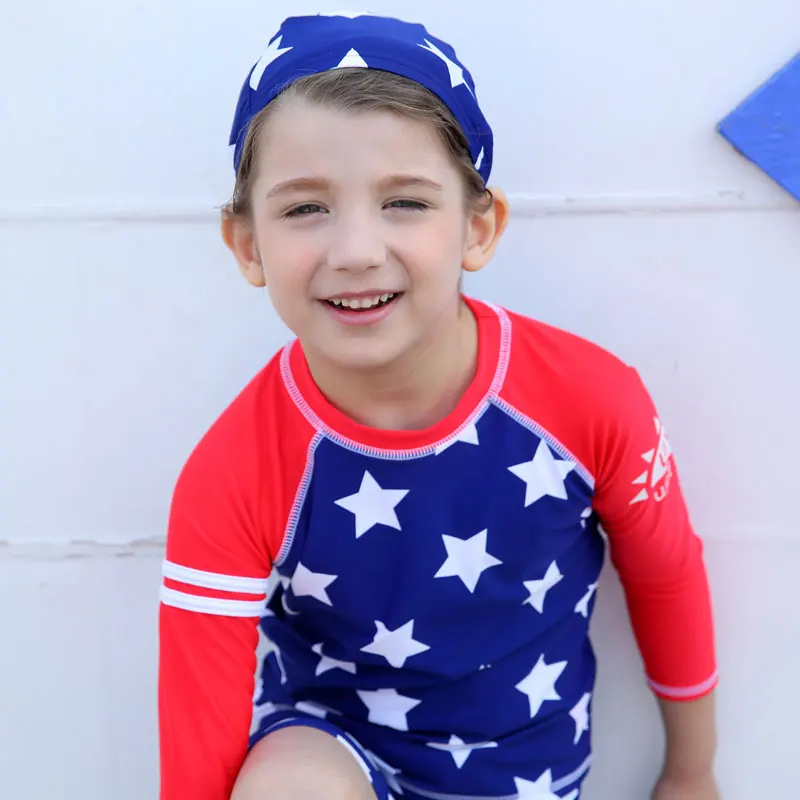 Vivo-Biniya Boys Rash Guard Swimsuit UV Protect Shirts Rashguard Tops+Trunks+Cap UPF 50+Blue Star Print Swimming Suit Kids |