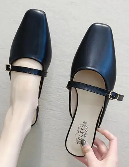 black style-1 Шлепанцы с закрытым носком; летние женские туфли без задника с бантом, пряжкой, металлическим украшением; шлепанцы без застежки на полой подошве; брендовые Вьетнамки; zapatos - Цвет: black style-1