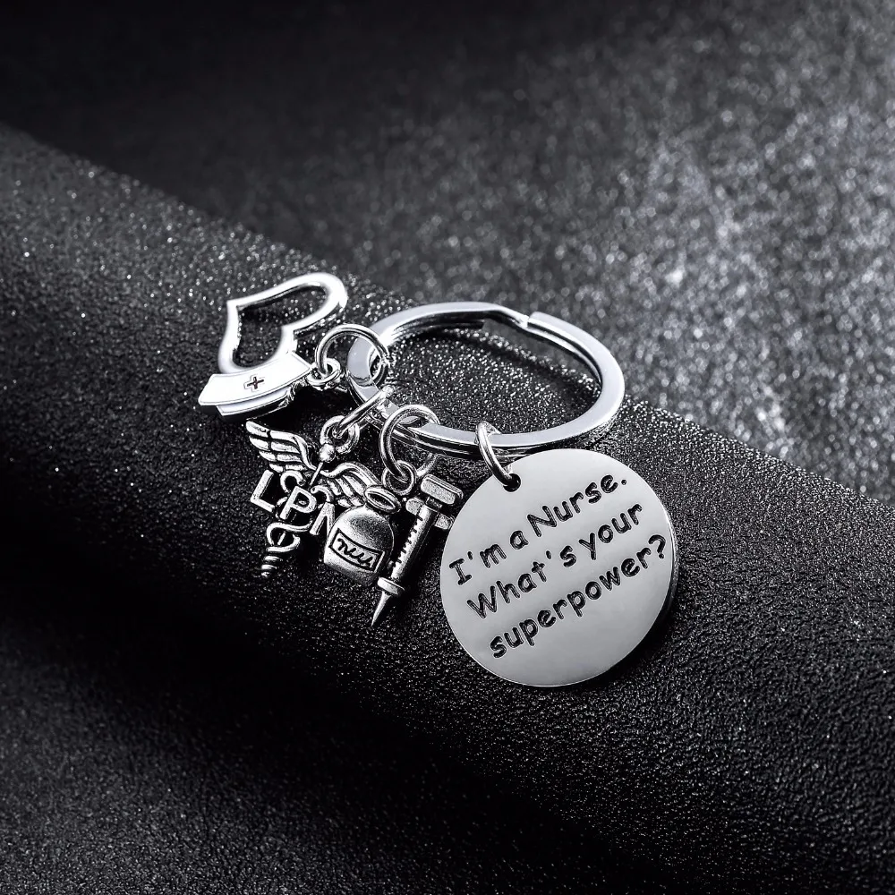 

12PC/Lot I'm A Nurse. What's Your Superpower Stainless Steel Keyring Nurse Keychain Jewelry Physician Medical Graduation Gifts
