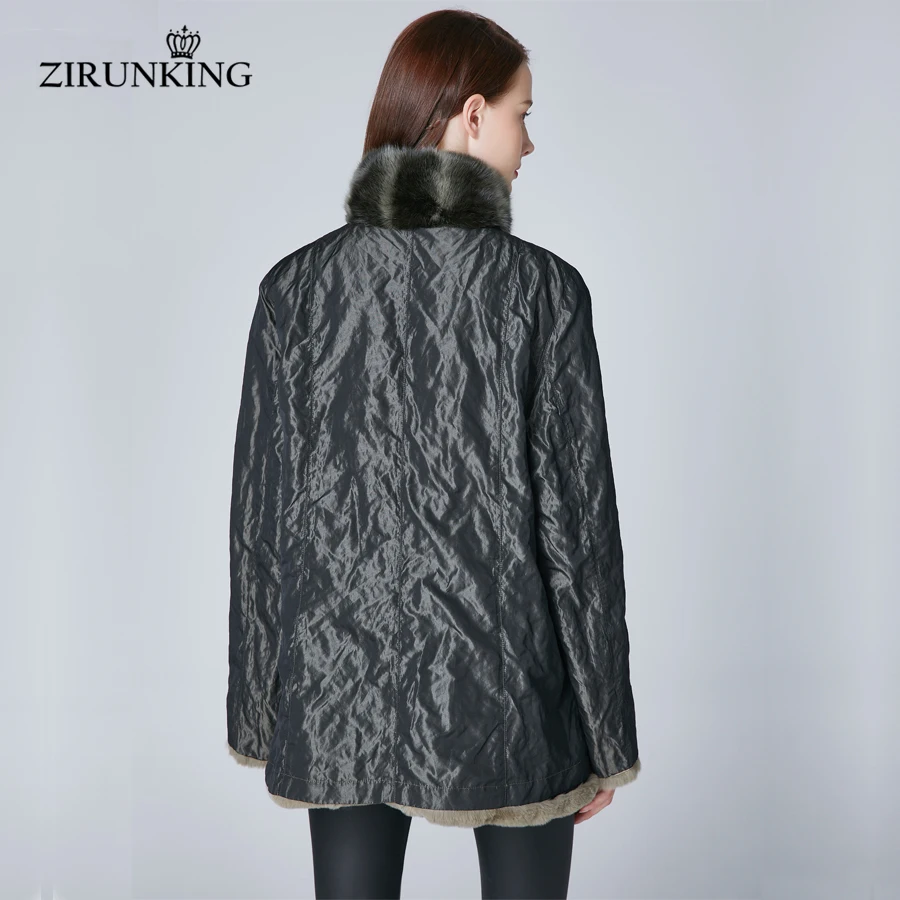 ZIRUNKING Женский Теплый Настоящий мех кролика пальто натуральный меховой воротник зимняя куртка Двусторонняя женская верхняя одежда ZC1851