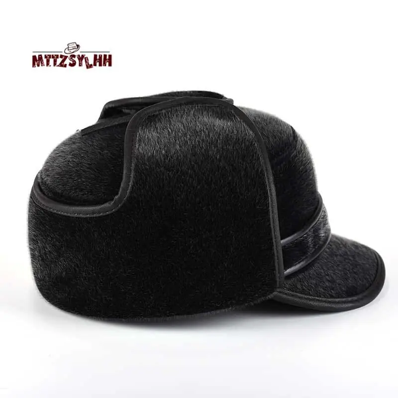 Winter padded flat-top aviator hat high-quality snow cap with long ear protection artificial leather outdoor warm men