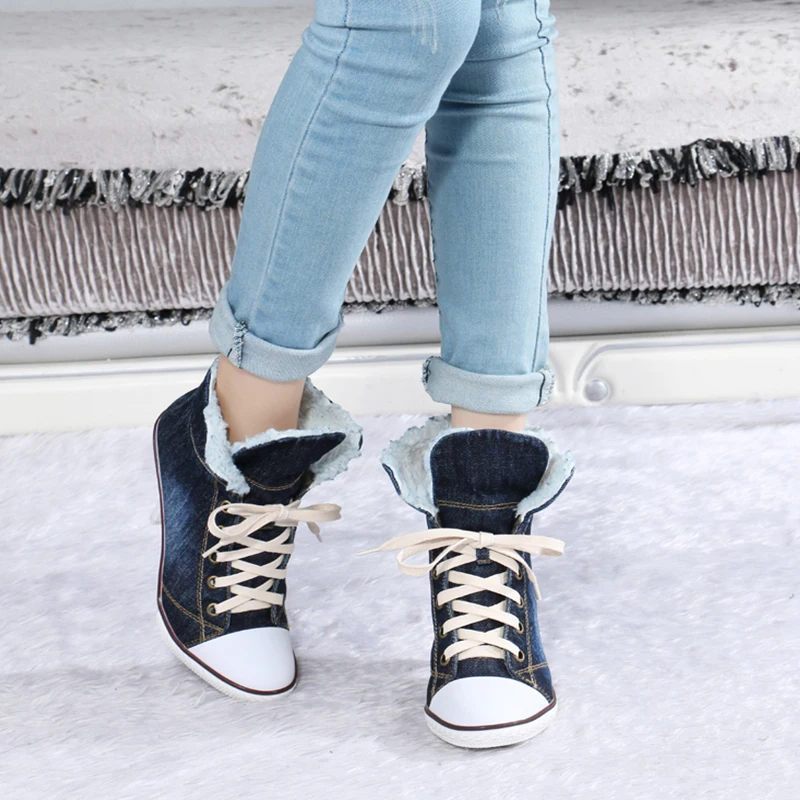 Женские ботильоны из джинсовой ткани с острым носком на шнуровке теплые женские