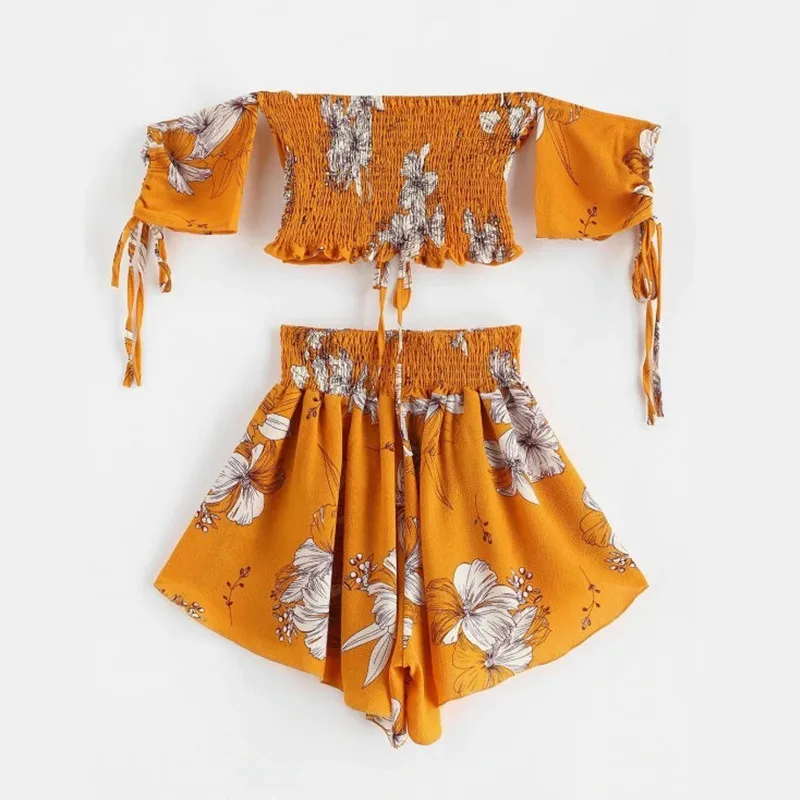 Пляжный костюм Boho Женский комплект с открытыми плечами и цветочным принтом